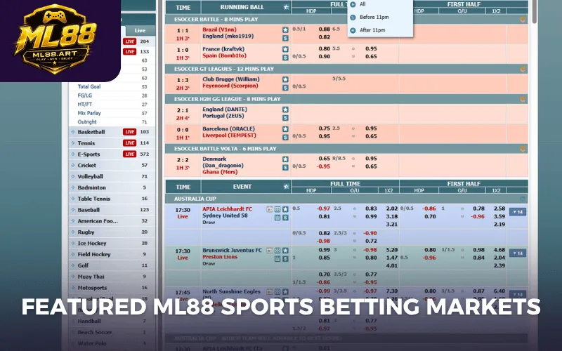 Featured ML88 sports betting markets