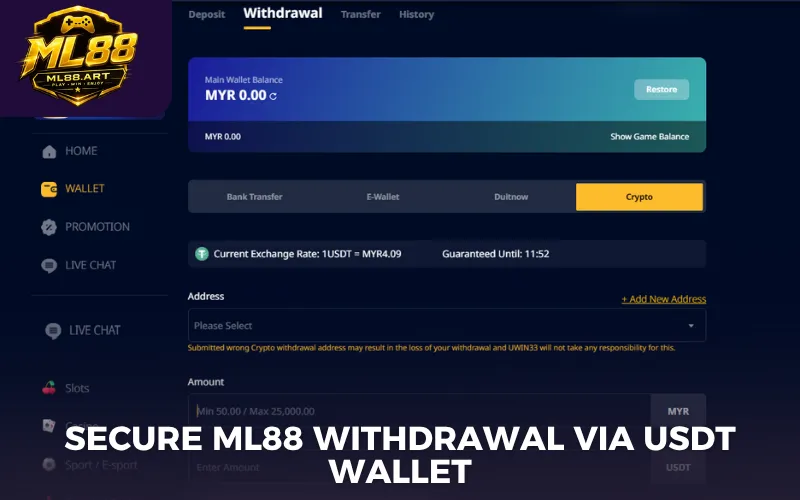 Secure ML88 withdrawal via USDT wallet