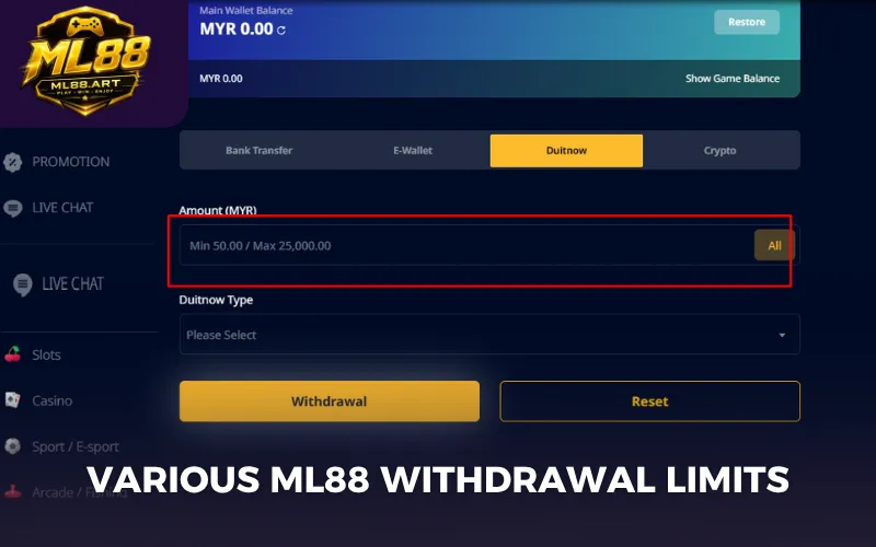 Various ML88 withdrawal limits
